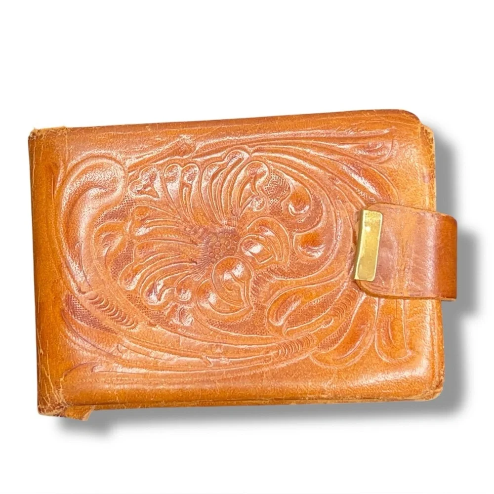 Vintage Justin Tan Brown Leather Wallet Tooled Western Cowboy